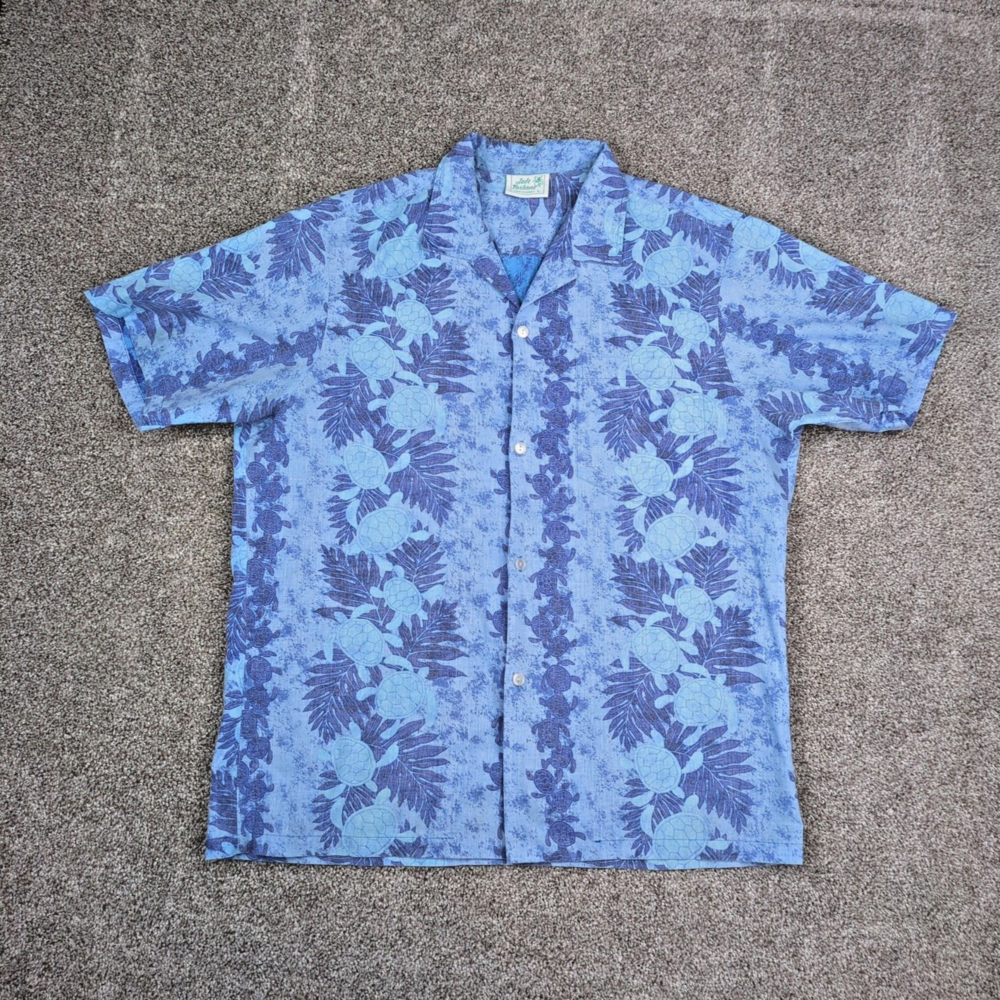Reverse Print Hawaiian Shirt Mens L Blue Sea Turtle Ocean Batik Jade Fashions